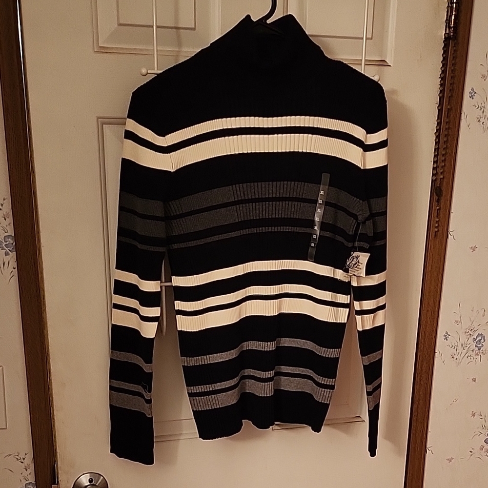 Jones New York Black and White Striped Turtleneck Sweater